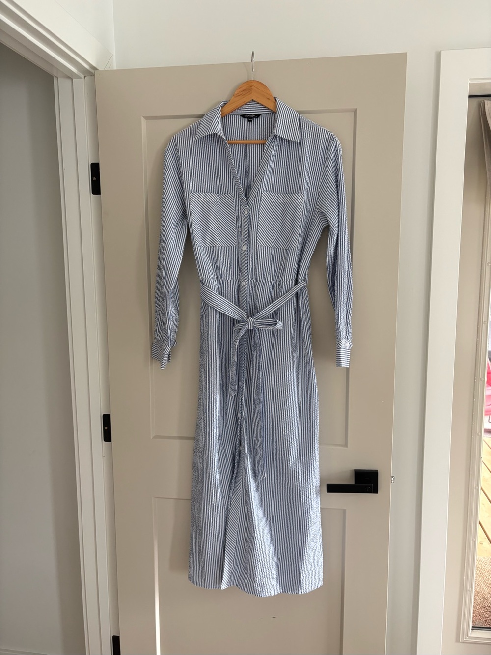 George Blue and White Striped Long Sleeve Shirt Dress